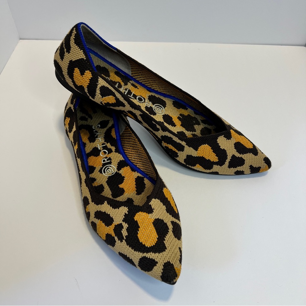 Rothy's Leopard Print Pointed Toe Flats with Blue Trim